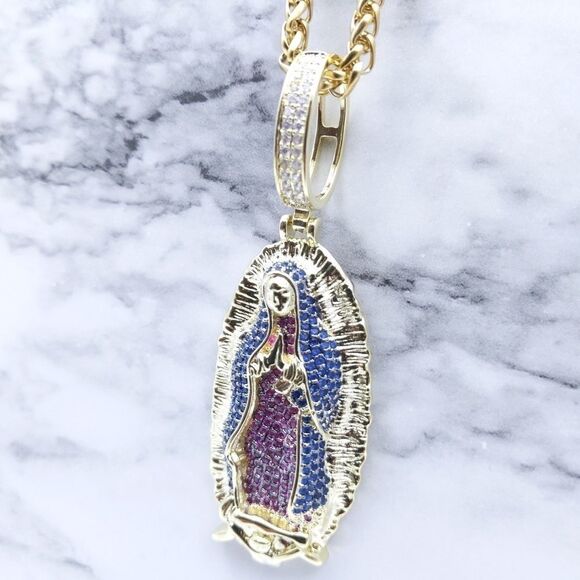 24"Franco Chain + 14K Gold Finish Holy Mary - Picture 10 of 12